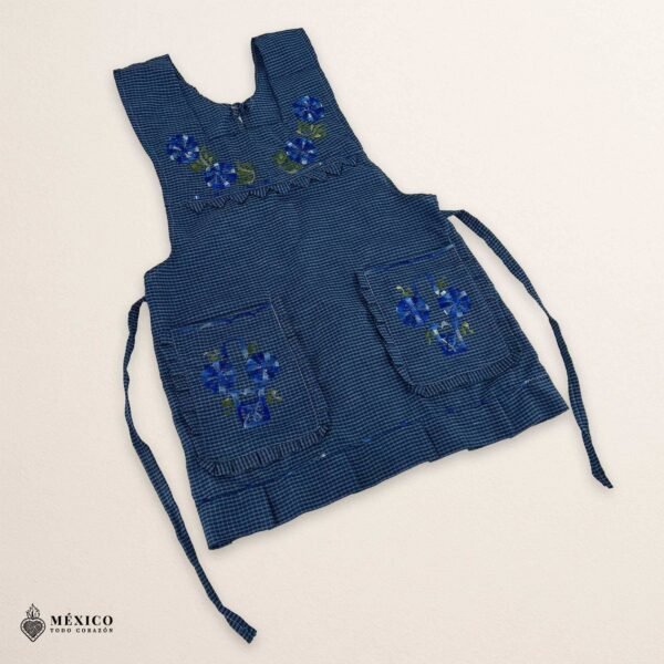 Blue Mexican embroidered apron made of essential cotton, handmade kitchen apron featuring traditional floral embroidery inspired by Mexican craftsmanship
