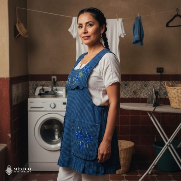 Blue Mexican embroidered apron made of essential cotton, handmade kitchen apron featuring traditional floral embroidery inspired by Mexican craftsmanship