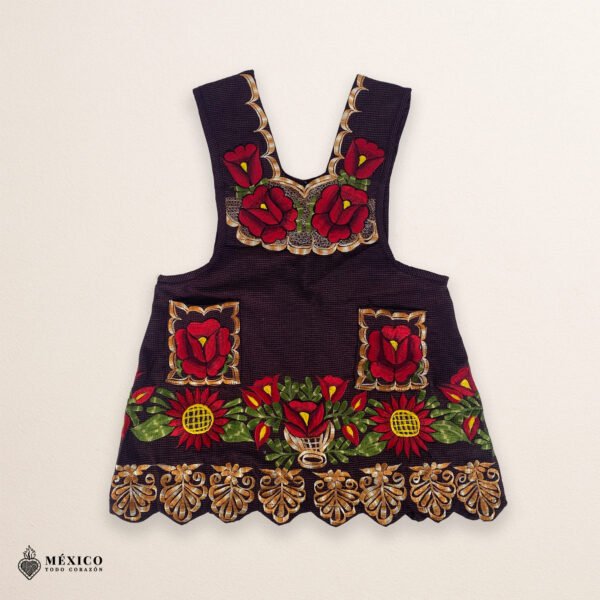 Brown Mexican embroidered apron made of premium cotton blend, featuring elegant red floral embroidery — traditional handmade kitchen apron inspired by Mexican craftsmanship