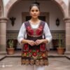 Brown Mexican embroidered apron made of premium cotton blend, featuring elegant red floral embroidery — traditional handmade kitchen apron inspired by Mexican craftsmanship