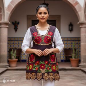 Brown Mexican embroidered apron made of premium cotton blend, featuring elegant red floral embroidery — traditional handmade kitchen apron inspired by Mexican craftsmanship