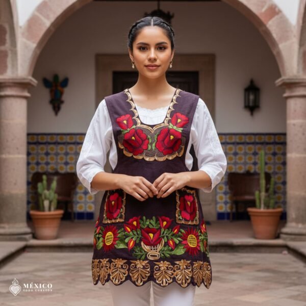 Brown Mexican embroidered apron made of premium cotton blend, featuring elegant red floral embroidery — traditional handmade kitchen apron inspired by Mexican craftsmanship