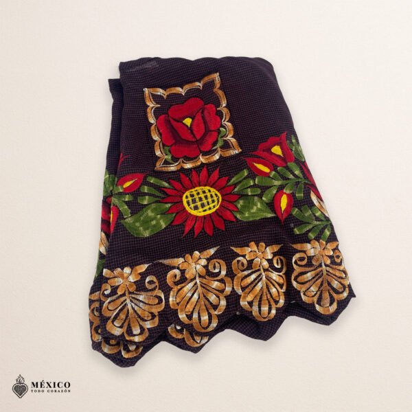 Brown Mexican embroidered apron made of premium cotton blend, featuring elegant red floral embroidery — traditional handmade kitchen apron inspired by Mexican craftsmanship