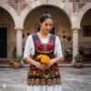 Brown Mexican embroidered apron made of premium cotton blend, featuring elegant red floral embroidery — traditional handmade kitchen apron inspired by Mexican craftsmanship