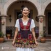Brown Mexican embroidered apron made of premium cotton blend, featuring elegant red floral embroidery — traditional handmade kitchen apron inspired by Mexican craftsmanship