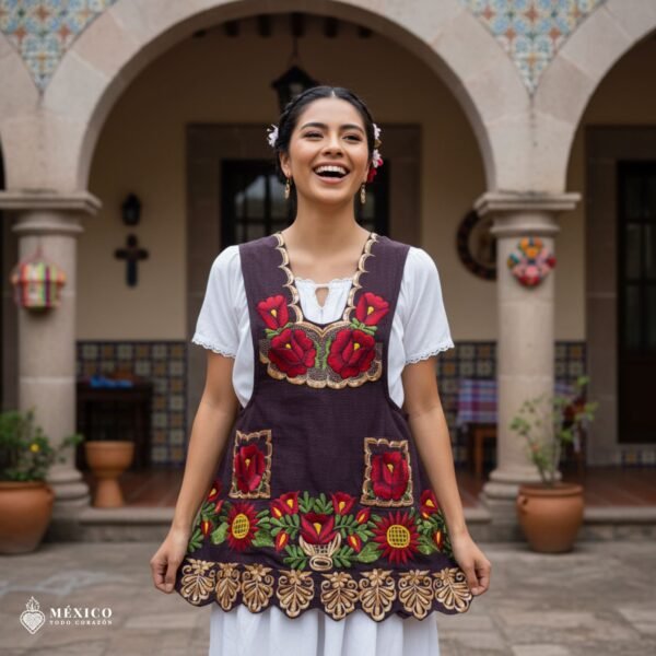 Brown Mexican embroidered apron made of premium cotton blend, featuring elegant red floral embroidery — traditional handmade kitchen apron inspired by Mexican craftsmanship