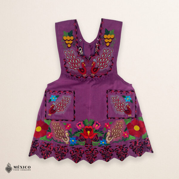 Cherry-colored Mexican embroidered apron crafted from premium cotton blend, featuring vibrant multicolor floral embroidery — traditional handmade kitchen apron inspired by Mexican culture