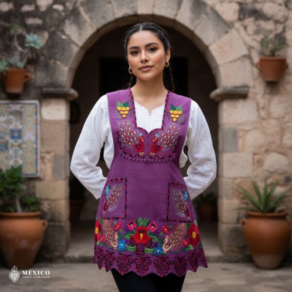 Cherry-colored Mexican embroidered apron crafted from premium cotton blend, featuring vibrant multicolor floral embroidery — traditional handmade kitchen apron inspired by Mexican culture