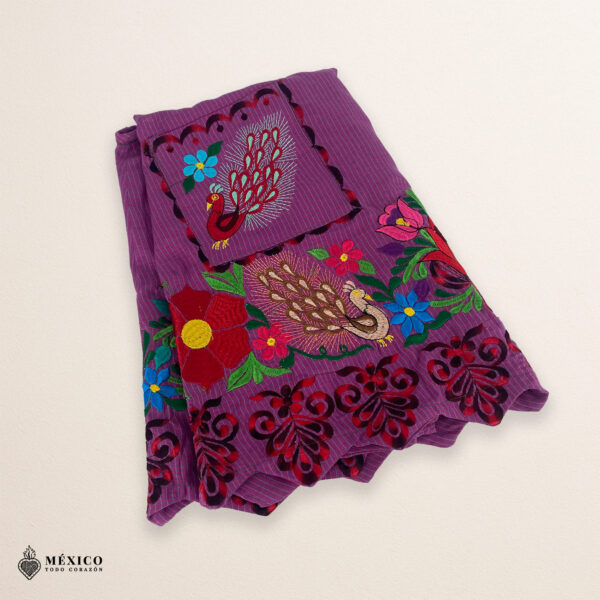 Cherry-colored Mexican embroidered apron crafted from premium cotton blend, featuring vibrant multicolor floral embroidery — traditional handmade kitchen apron inspired by Mexican culture