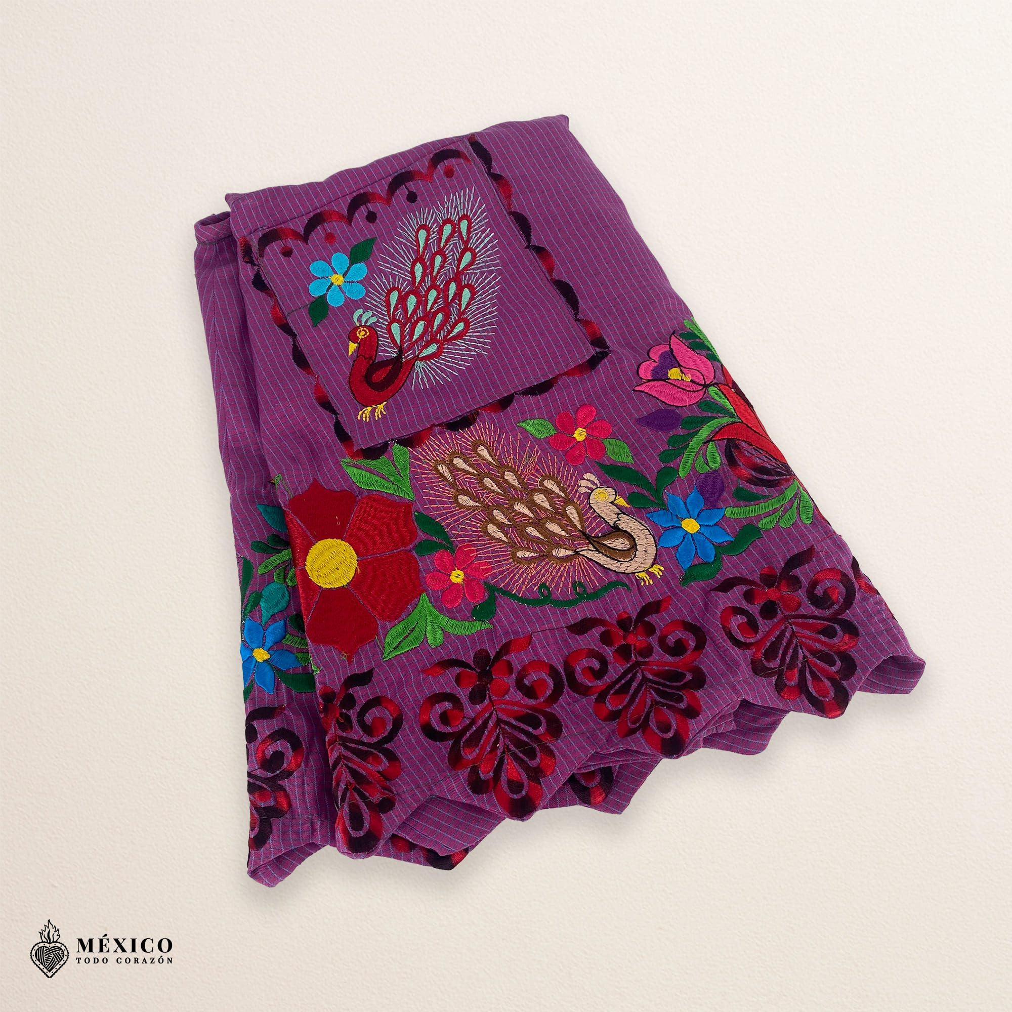 Cherry-colored Mexican embroidered apron crafted from premium cotton blend, featuring vibrant multicolor floral embroidery — traditional handmade kitchen apron inspired by Mexican culture