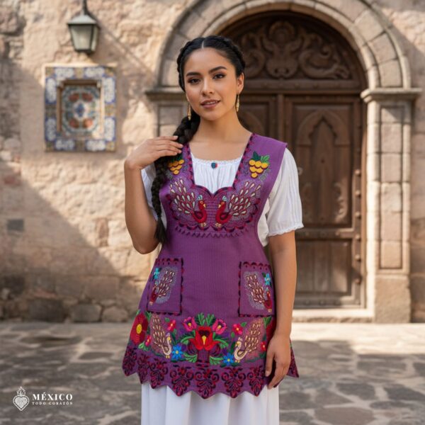 Cherry-colored Mexican embroidered apron crafted from premium cotton blend, featuring vibrant multicolor floral embroidery — traditional handmade kitchen apron inspired by Mexican culture