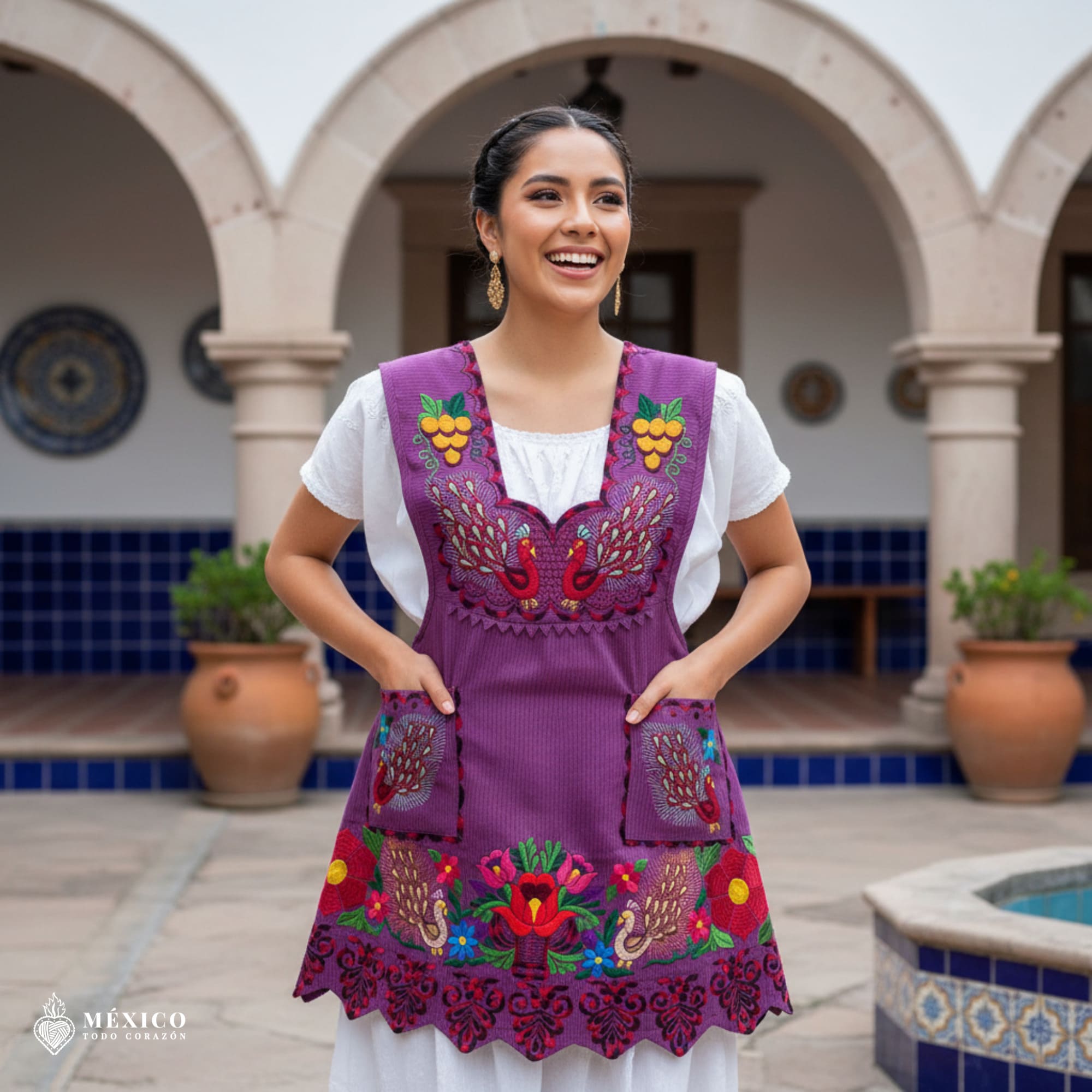 Cherry-colored Mexican embroidered apron crafted from premium cotton blend, featuring vibrant multicolor floral embroidery — traditional handmade kitchen apron inspired by Mexican culture