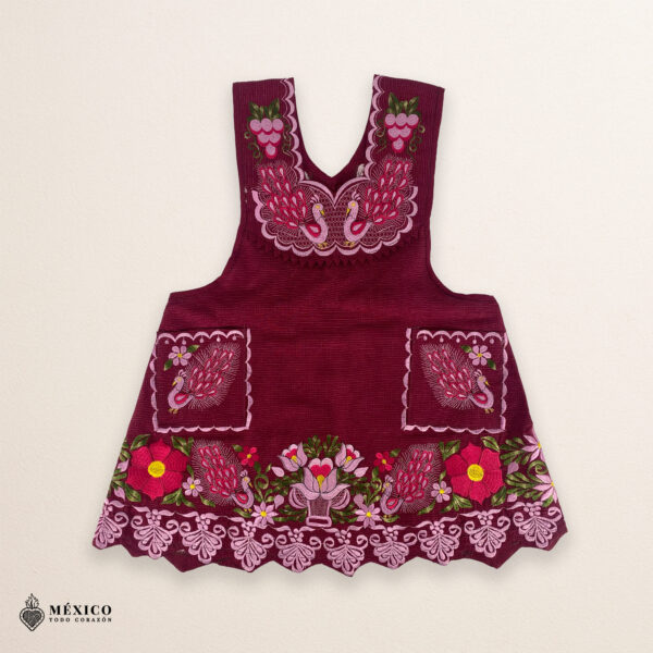 Cherry Mexican embroidered apron made of premium cotton blend, decorated with elegant pink floral embroidery — traditional handmade kitchen apron inspired by Mexican craftsmanship