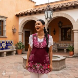 Cherry Mexican embroidered apron made of premium cotton blend, decorated with elegant pink floral embroidery — traditional handmade kitchen apron inspired by Mexican craftsmanship