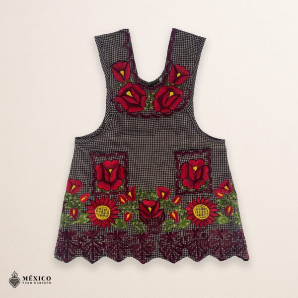 Gray Mexican embroidered apron crafted from premium cotton blend, featuring vibrant red floral embroidery — elegant handmade kitchen apron inspired by traditional Mexican design