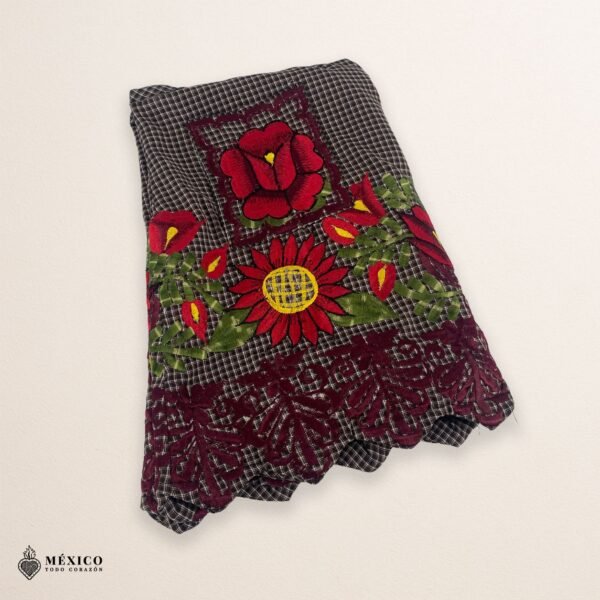 Gray Mexican embroidered apron crafted from premium cotton blend, featuring vibrant red floral embroidery — elegant handmade kitchen apron inspired by traditional Mexican design