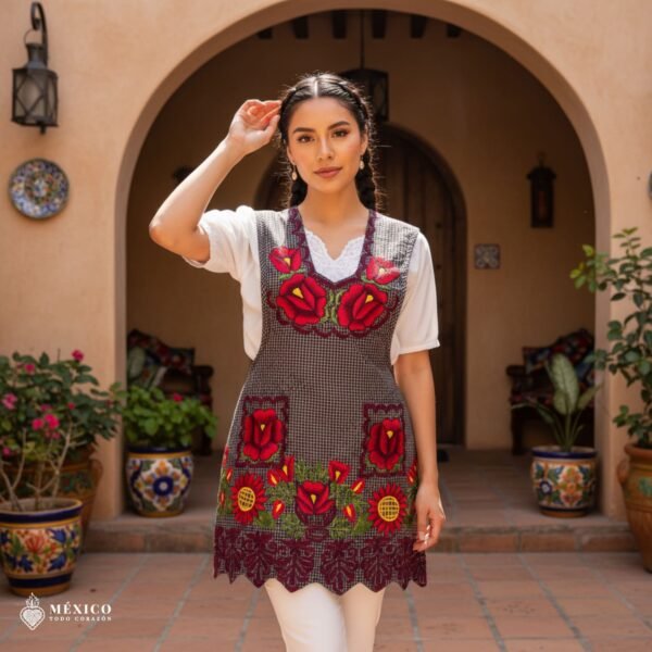 Gray Mexican embroidered apron crafted from premium cotton blend, featuring vibrant red floral embroidery — elegant handmade kitchen apron inspired by traditional Mexican design