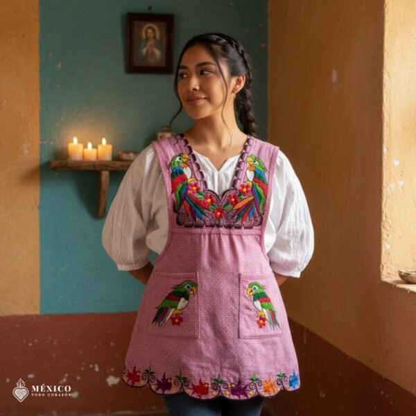 Pink Mexican embroidered apron with detailed floral embroidery — handmade standard kitchen apron crafted from cotton blend, ideal for cooking, gifts, and traditional Mexican style lovers.
