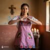 Pink Mexican embroidered apron with detailed floral embroidery — handmade standard kitchen apron crafted from cotton blend, ideal for cooking, gifts, and traditional Mexican style lovers.