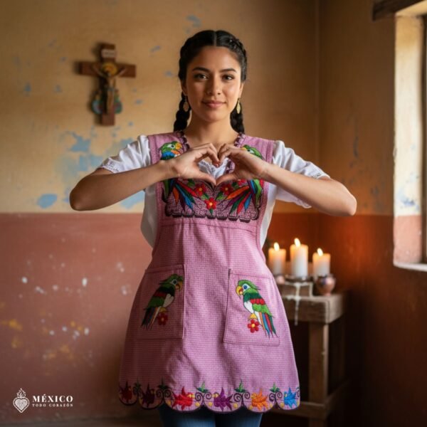 Pink Mexican embroidered apron with detailed floral embroidery — handmade standard kitchen apron crafted from cotton blend, ideal for cooking, gifts, and traditional Mexican style lovers.
