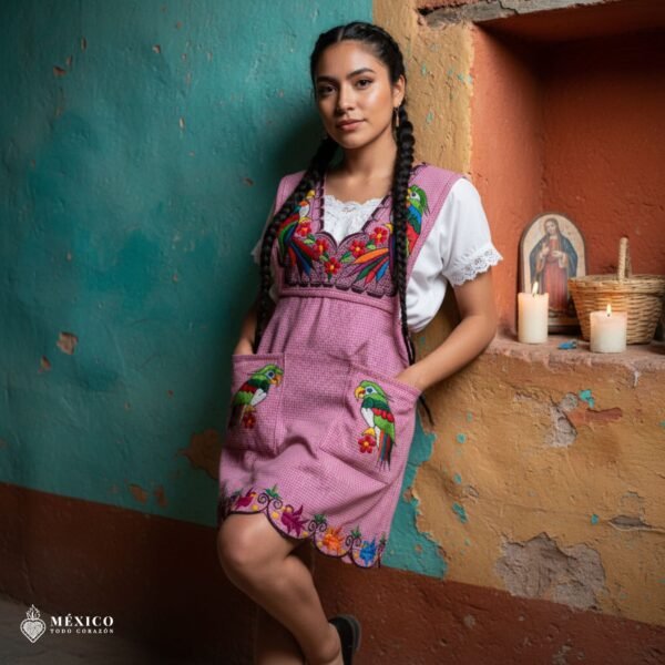 Pink Mexican embroidered apron with detailed floral embroidery — handmade standard kitchen apron crafted from cotton blend, ideal for cooking, gifts, and traditional Mexican style lovers.
