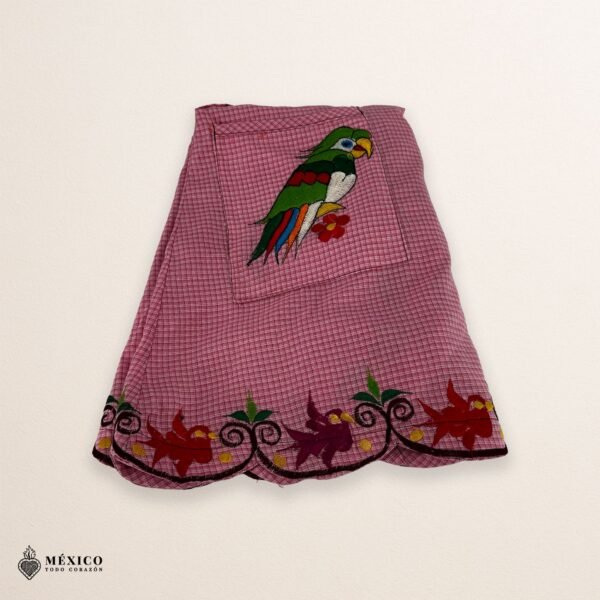 Pink Mexican embroidered apron with detailed floral embroidery — handmade standard kitchen apron crafted from cotton blend, ideal for cooking, gifts, and traditional Mexican style lovers.