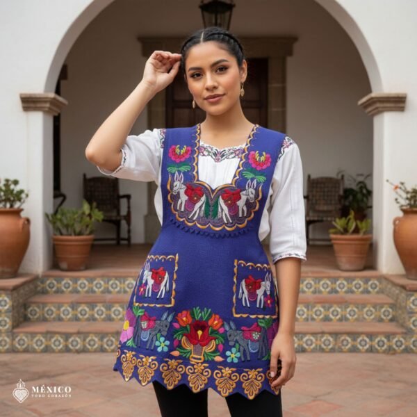 Lilac Mexican embroidered apron crafted from premium cotton blend with multicolor floral embroidery, handmade traditional kitchen apron perfect for cooking or gifting.