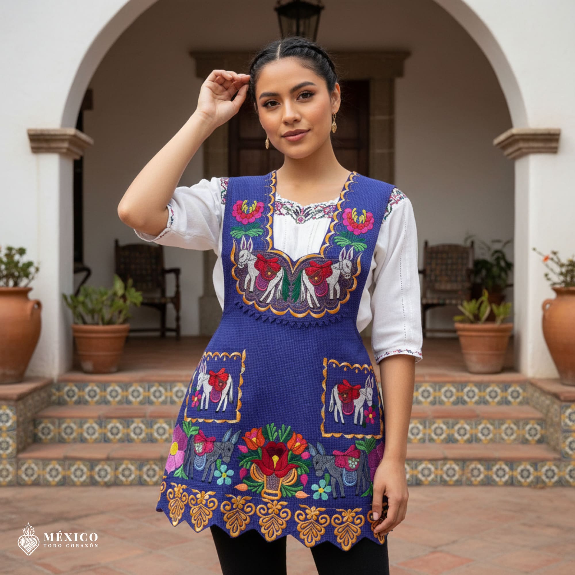 Lilac Mexican embroidered apron crafted from premium cotton blend with multicolor floral embroidery, handmade traditional kitchen apron perfect for cooking or gifting.
