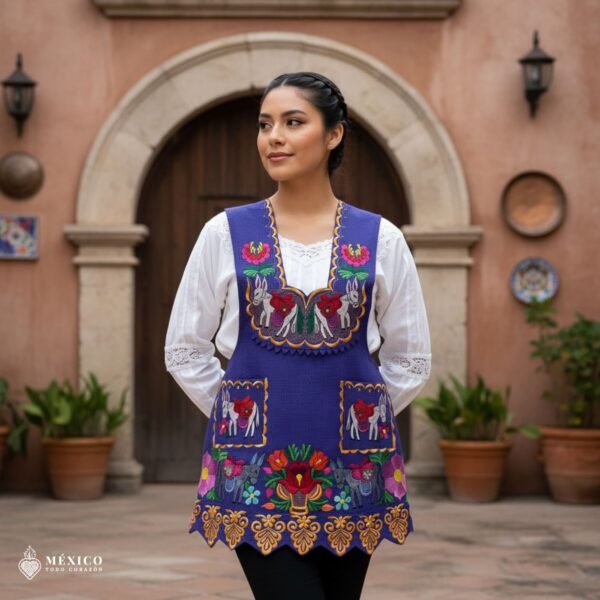 Lilac Mexican embroidered apron crafted from premium cotton blend with multicolor floral embroidery, handmade traditional kitchen apron perfect for cooking or gifting.