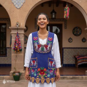 Lilac Mexican embroidered apron crafted from premium cotton blend with multicolor floral embroidery, handmade traditional kitchen apron perfect for cooking or gifting.