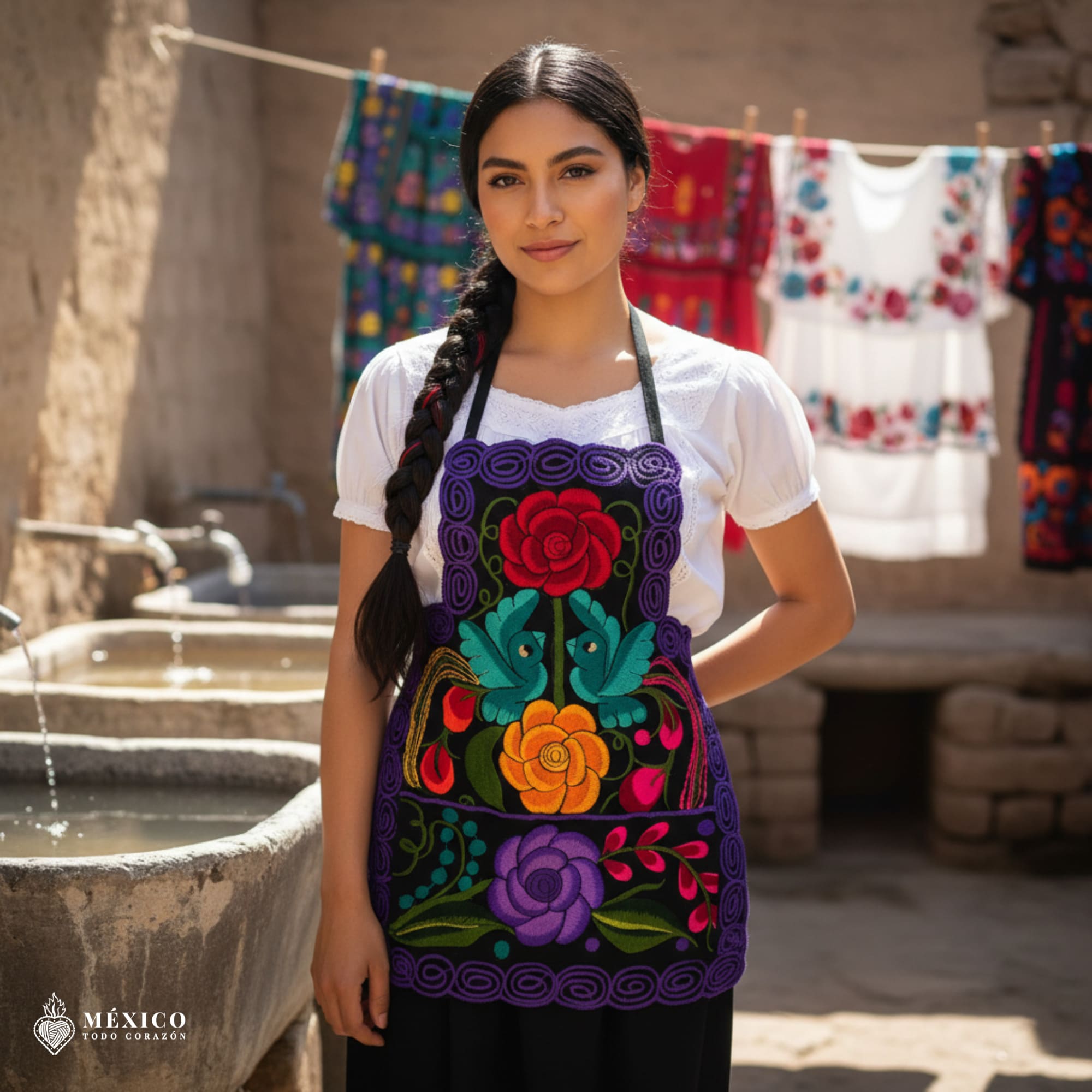 Mexican embroidered bib apron for women in multicolor cotton fabric, featuring vibrant floral design — handmade traditional kitchen apron perfect for cooking, gifts, and cultural celebrations.