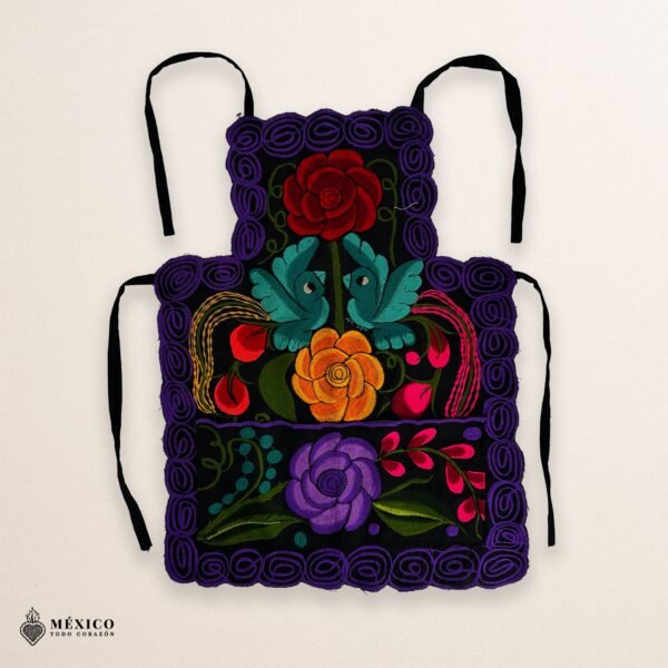 Mexican embroidered bib apron for women in multicolor cotton fabric, featuring vibrant floral design — handmade traditional kitchen apron perfect for cooking, gifts, and cultural celebrations.