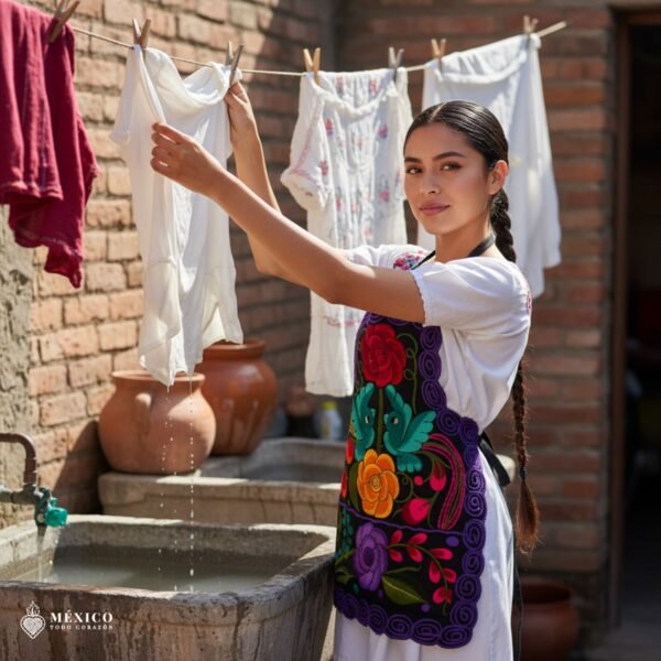 Mexican embroidered bib apron for women in multicolor cotton fabric, featuring vibrant floral design — handmade traditional kitchen apron perfect for cooking, gifts, and cultural celebrations.