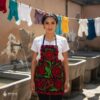 Mexican embroidered bib apron for women in multicolor cotton fabric, featuring vibrant floral design — handmade traditional kitchen apron perfect for cooking, gifts, and cultural celebrations.