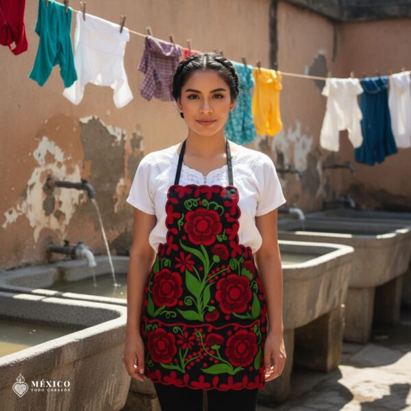 Mexican embroidered bib apron for women in multicolor cotton fabric, featuring vibrant floral design — handmade traditional kitchen apron perfect for cooking, gifts, and cultural celebrations.