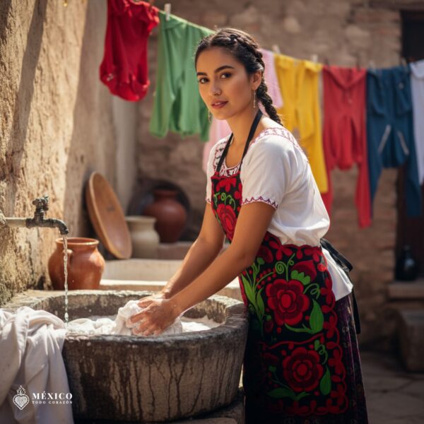 Mexican embroidered bib apron for women in multicolor cotton fabric, featuring vibrant floral design — handmade traditional kitchen apron perfect for cooking, gifts, and cultural celebrations.