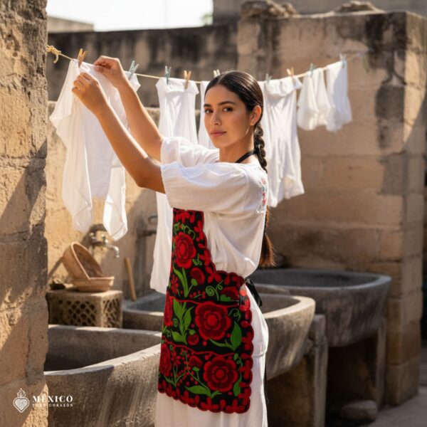 Mexican embroidered bib apron for women in multicolor cotton fabric, featuring vibrant floral design — handmade traditional kitchen apron perfect for cooking, gifts, and cultural celebrations.