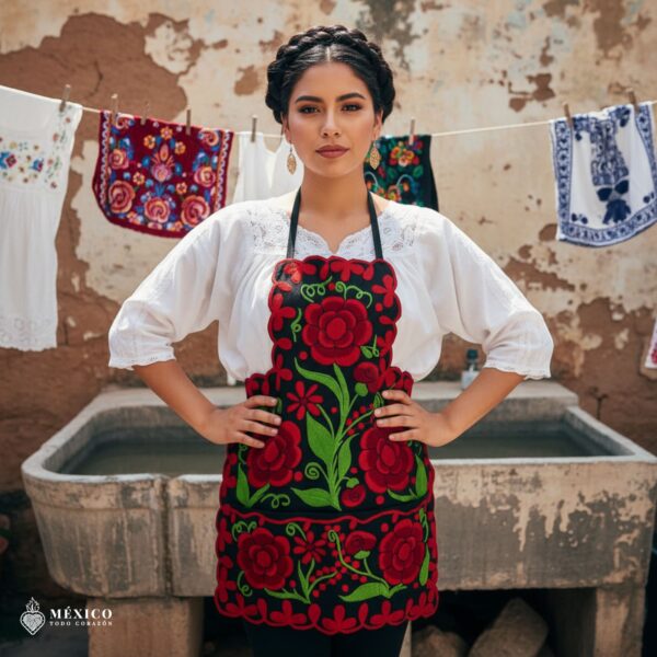Mexican embroidered bib apron for women in multicolor cotton fabric, featuring vibrant floral design — handmade traditional kitchen apron perfect for cooking, gifts, and cultural celebrations.