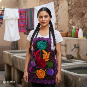 Mexican embroidered bib apron for women in multicolor cotton fabric, featuring vibrant floral design — handmade traditional kitchen apron perfect for cooking, gifts, and cultural celebrations.