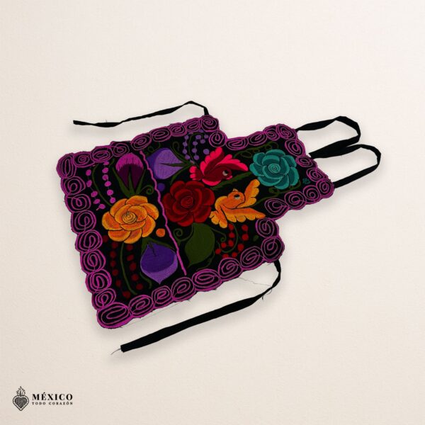 Mexican embroidered bib apron for women in multicolor cotton fabric, featuring vibrant floral design — handmade traditional kitchen apron perfect for cooking, gifts, and cultural celebrations.