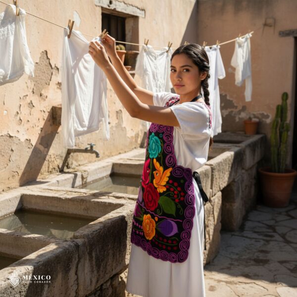 Mexican embroidered bib apron for women in multicolor cotton fabric, featuring vibrant floral design — handmade traditional kitchen apron perfect for cooking, gifts, and cultural celebrations.