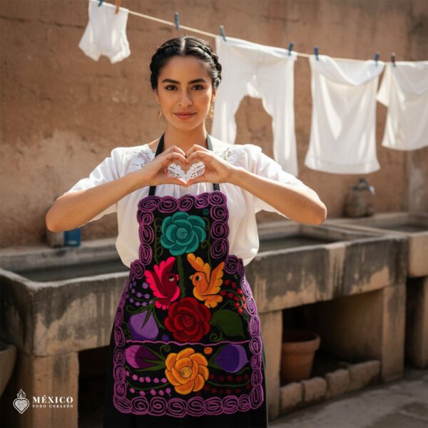 Mexican embroidered bib apron for women in multicolor cotton fabric, featuring vibrant floral design — handmade traditional kitchen apron perfect for cooking, gifts, and cultural celebrations.