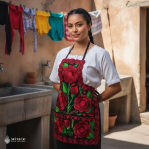 Mexican embroidered bib apron for women in multicolor cotton fabric, featuring vibrant floral design — handmade traditional kitchen apron perfect for cooking, gifts, and cultural celebrations.
