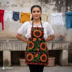 Mexican embroidered bib apron for women in multicolor cotton fabric, featuring vibrant floral design — handmade traditional kitchen apron perfect for cooking, gifts, and cultural celebrations.