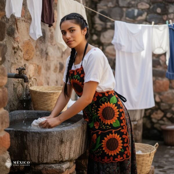 Mexican embroidered bib apron for women in multicolor cotton fabric, featuring vibrant floral design — handmade traditional kitchen apron perfect for cooking, gifts, and cultural celebrations.