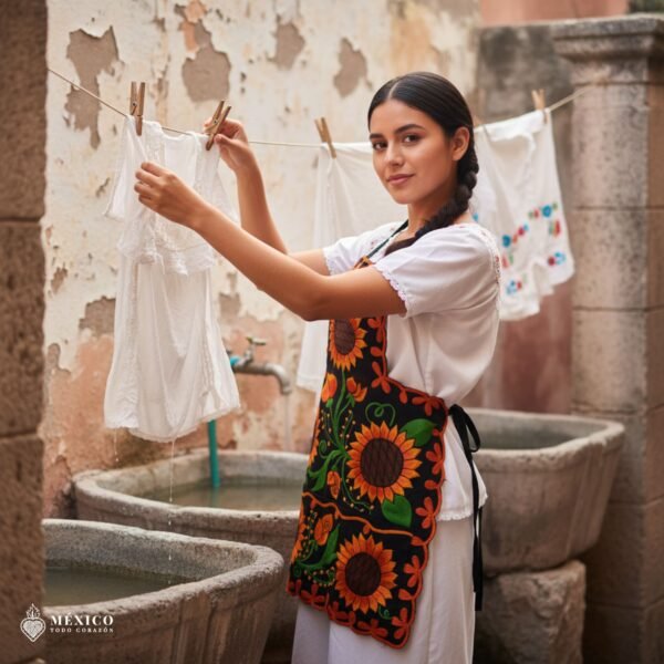 Mexican embroidered bib apron for women in multicolor cotton fabric, featuring vibrant floral design — handmade traditional kitchen apron perfect for cooking, gifts, and cultural celebrations.