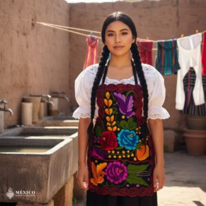 Mexican embroidered bib apron for women in multicolor cotton fabric, featuring vibrant floral design — handmade traditional kitchen apron perfect for cooking, gifts, and cultural celebrations.