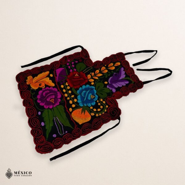 Mexican embroidered bib apron for women in multicolor cotton fabric, featuring vibrant floral design — handmade traditional kitchen apron perfect for cooking, gifts, and cultural celebrations.