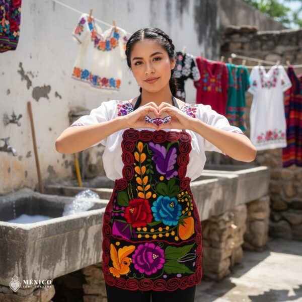 Mexican embroidered bib apron for women in multicolor cotton fabric, featuring vibrant floral design — handmade traditional kitchen apron perfect for cooking, gifts, and cultural celebrations.