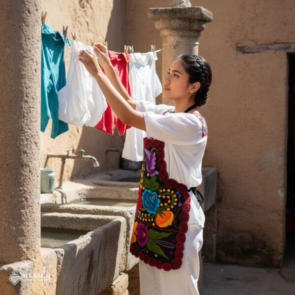 Mexican embroidered bib apron for women in multicolor cotton fabric, featuring vibrant floral design — handmade traditional kitchen apron perfect for cooking, gifts, and cultural celebrations.
